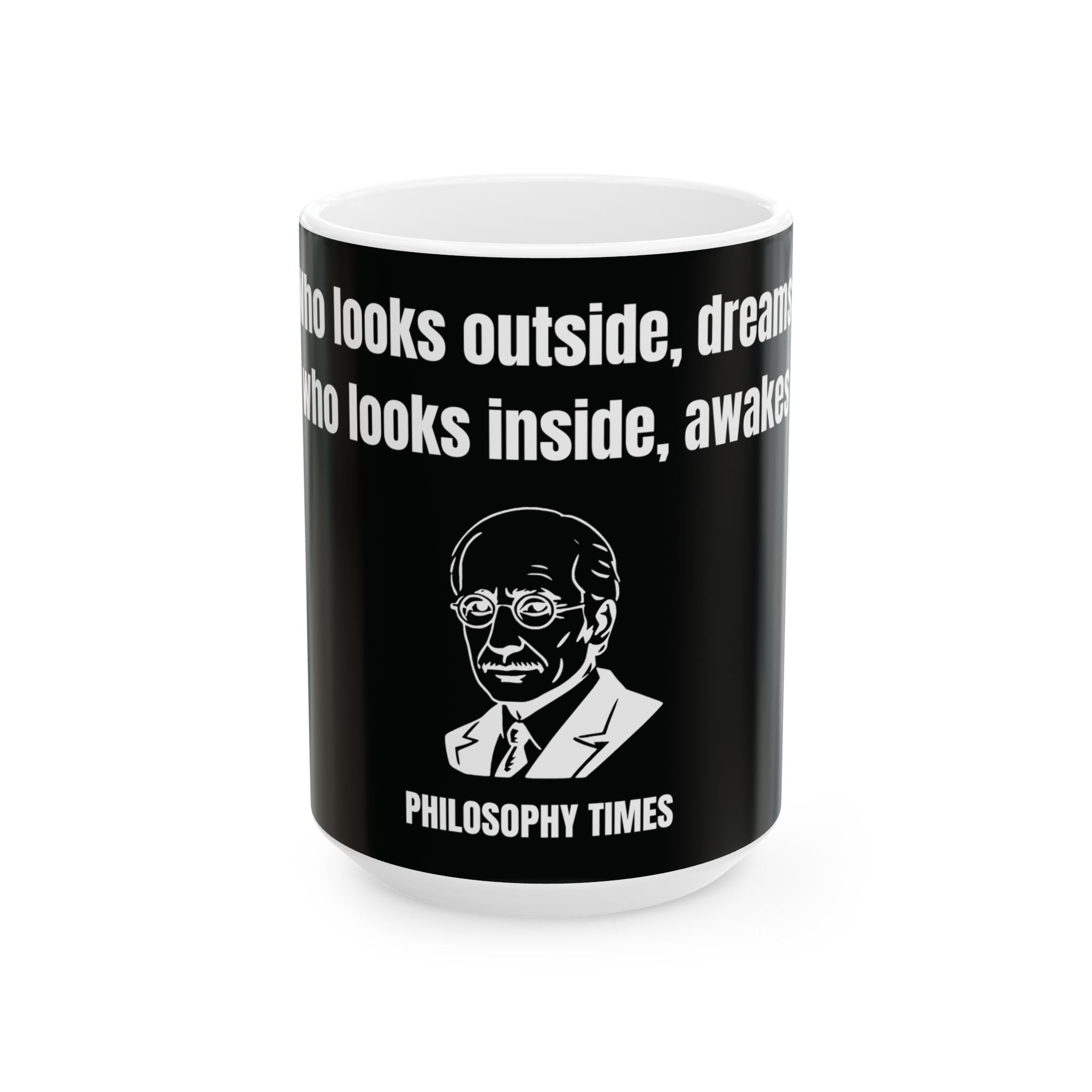 'Who Looks Outside Dreams' Black Mug – Carl Jung Quote Ceramic Cup