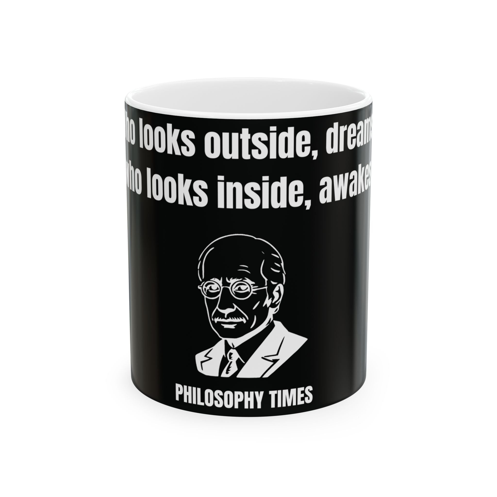 'Who Looks Outside Dreams' Black Mug – Carl Jung Quote Ceramic Cup