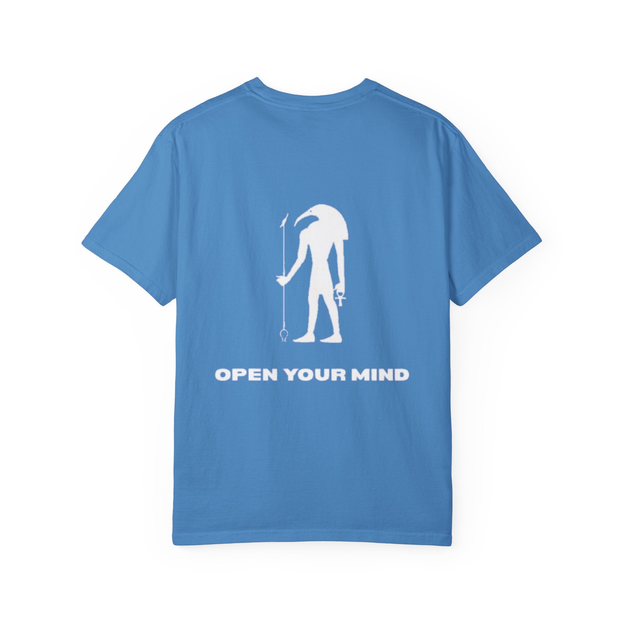 Blue t-shirt with white graphic and 'Open Your Mind' text on a white background