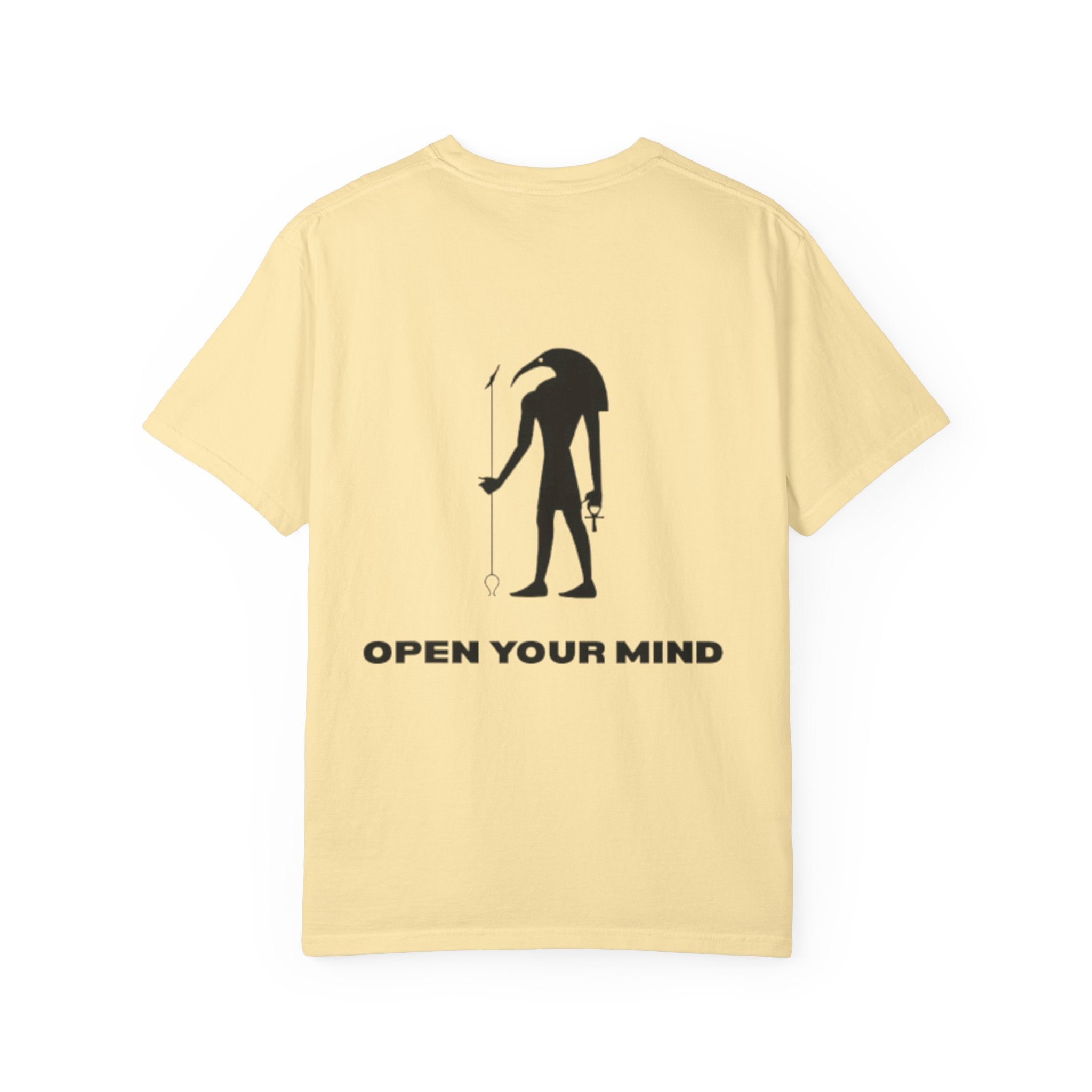 Yellow t-shirt with black graphic and 'Open Your Mind' text on a white background