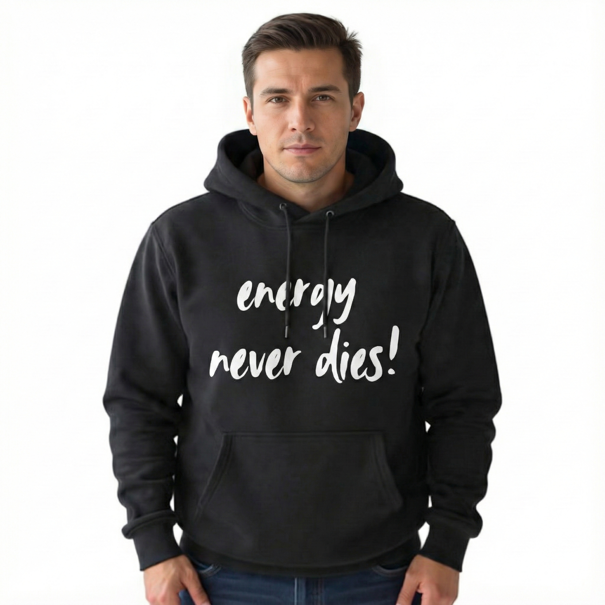 Hoodie — "Energy Never Dies!" Fleece Hoodie with Minimal Anubis Back Graphic